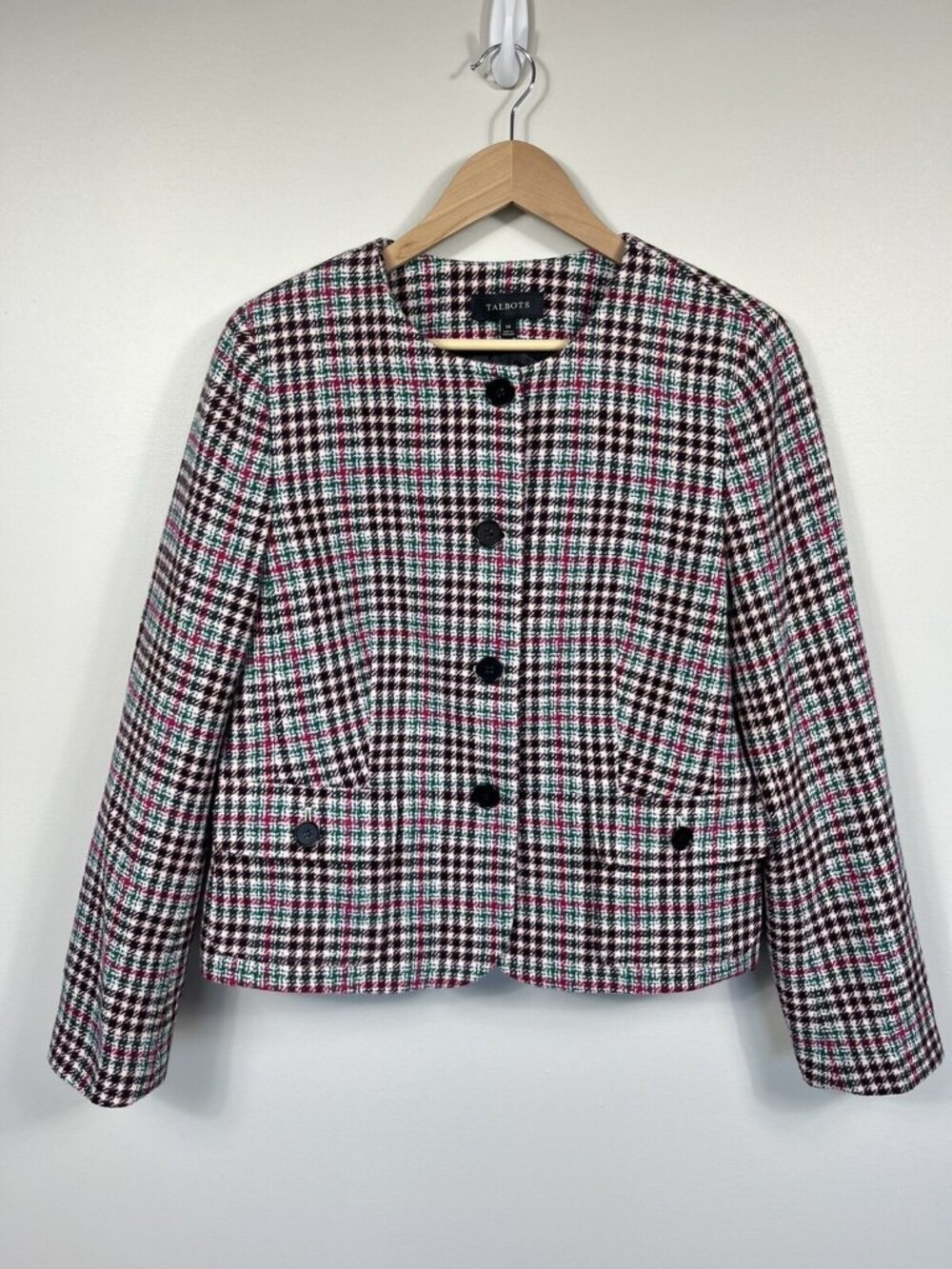 Talbots Blazer Womens 14 Pink Green Blue Houndstooth Collarless Wool Pockets